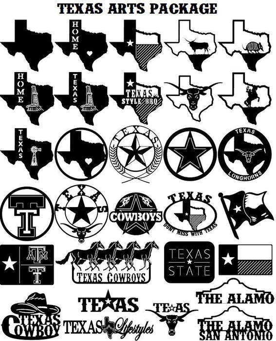 Texas State DXF File Cutouts Horses Texas Star Cowboy Hat A&M Longhorns (30-Pack Texas) - DXF File